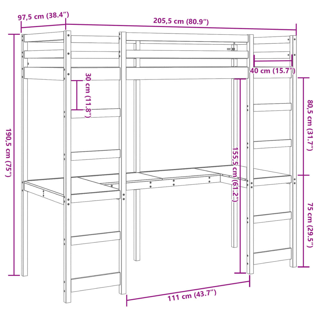 Hoogslaper met bureau grenenhout wasbruin 90x200 cm is nu te koop bij PeponiXL, paradijselijk wonen!