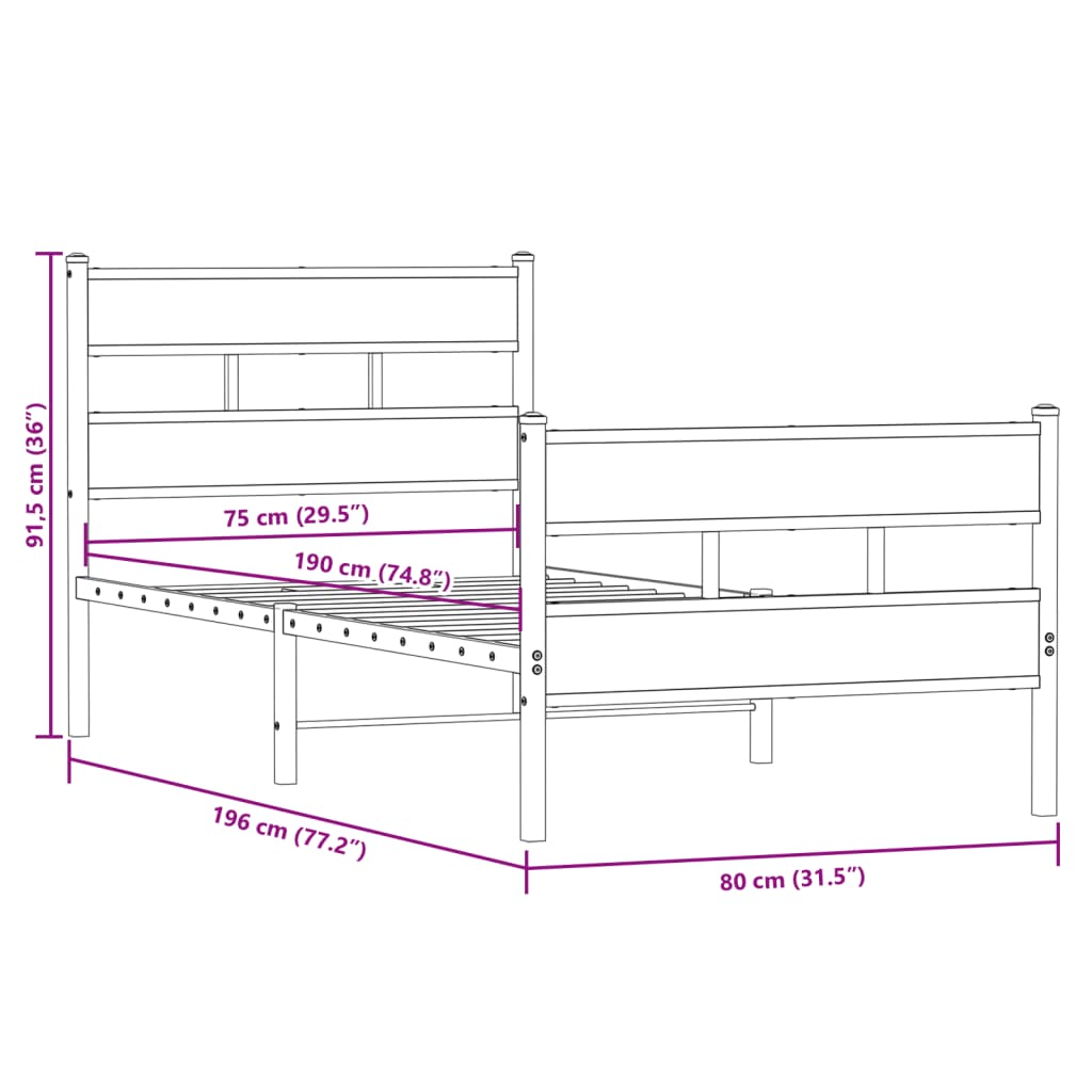 Bedframe zonder matras metaal sonoma eikenkleurig 75x190 cm is nu te koop bij PeponiXL, paradijselijk wonen!
