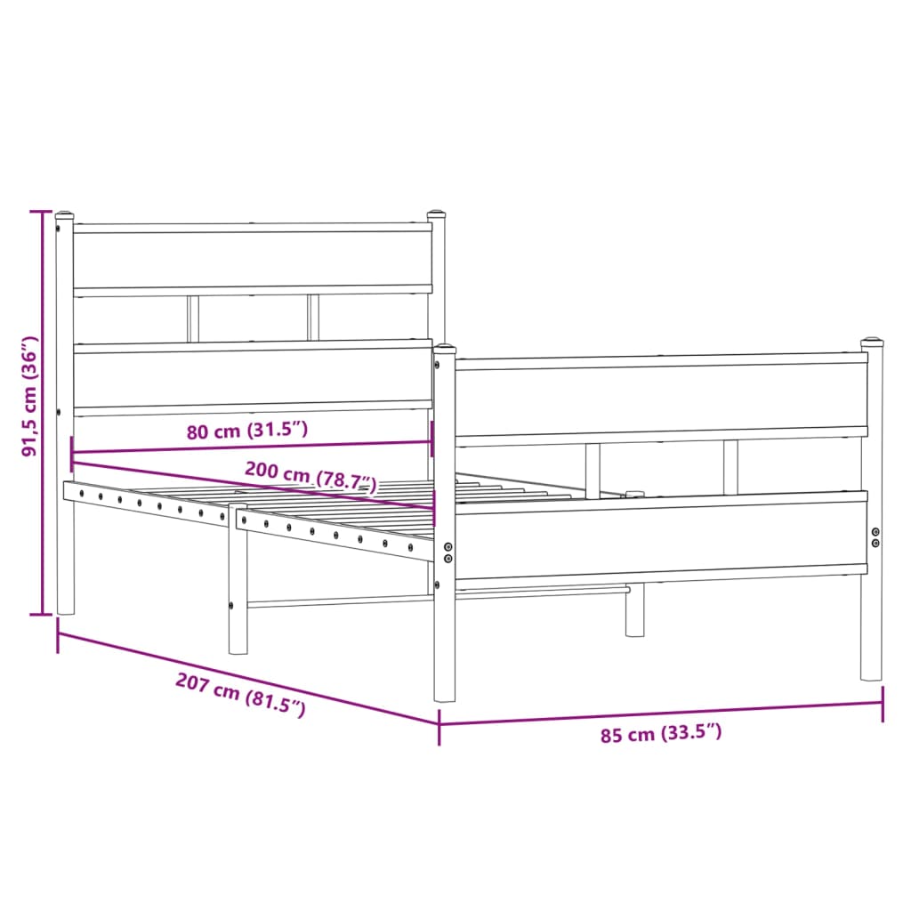 Bedframe zonder matras metaal sonoma eikenkleurig 80x200 cm is nu te koop bij PeponiXL, paradijselijk wonen!