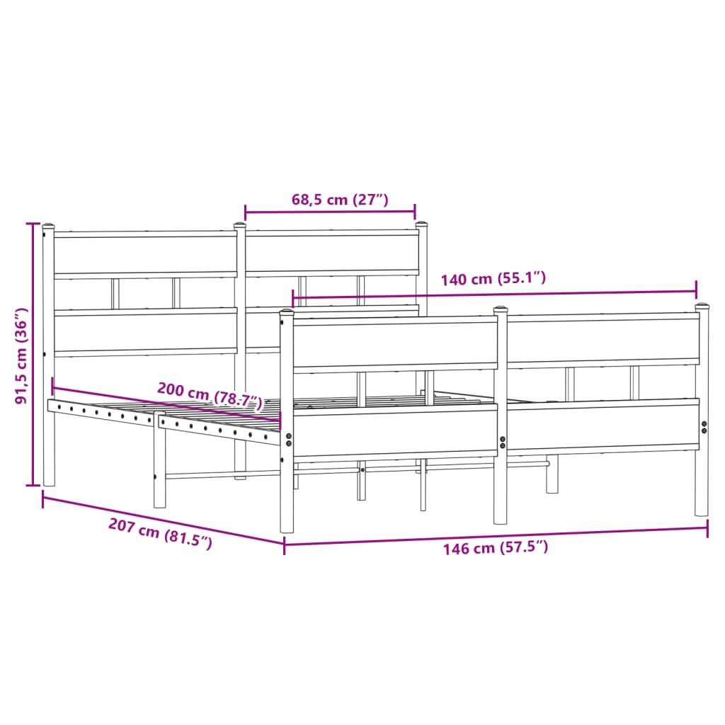 Bedframe zonder matras metaal sonoma eikenkleurig 140x200 cm is nu te koop bij PeponiXL, paradijselijk wonen!
