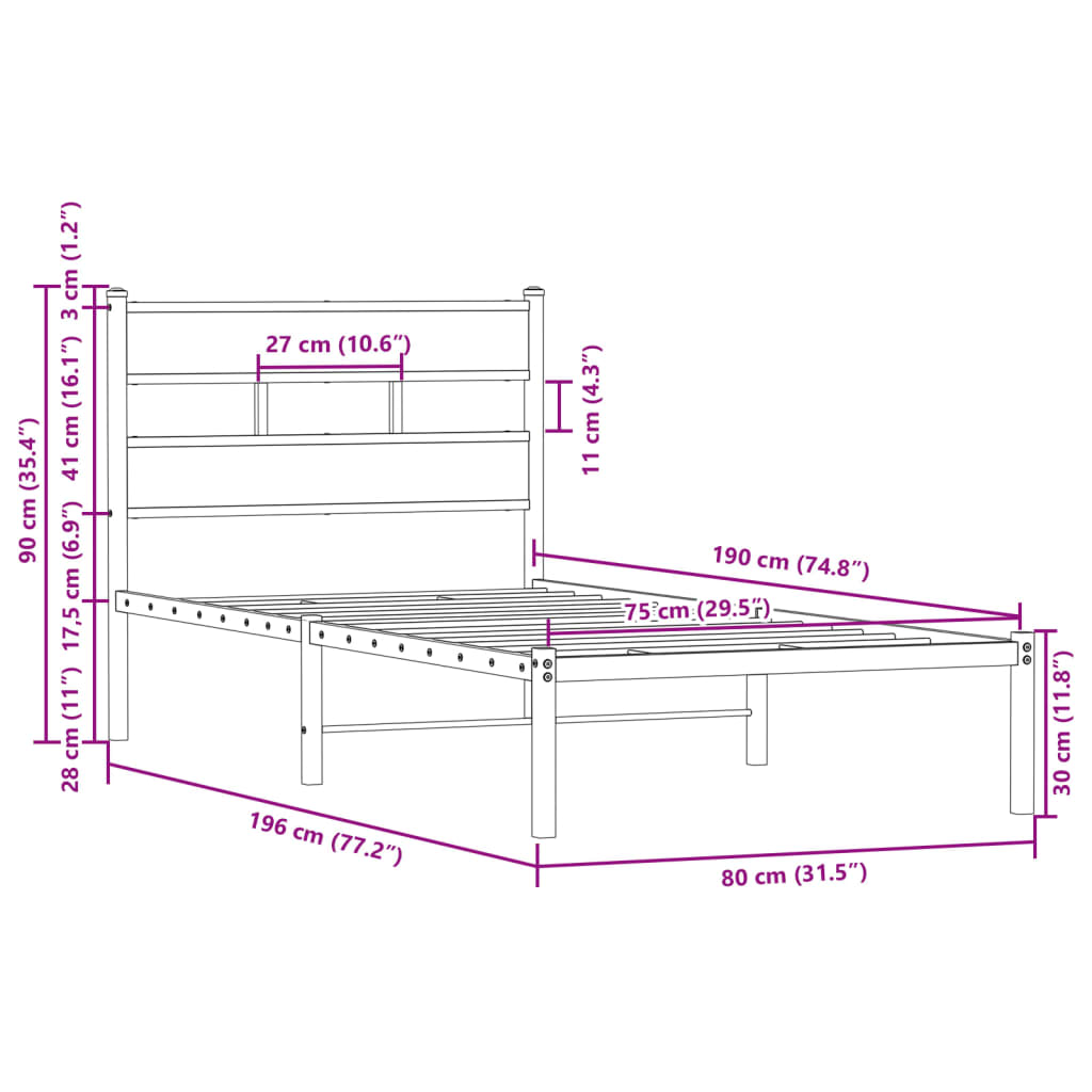 Bedframe met hoofdbord zonder matras bruin eikenkleur 75x190 cm is nu te koop bij PeponiXL, paradijselijk wonen!