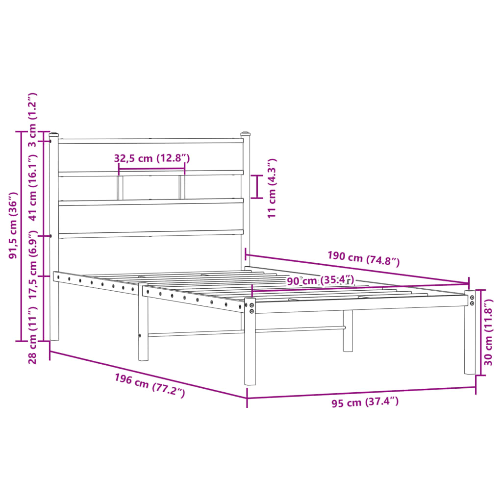 Bedframe met hoofdbord zonder matras bruin eikenkleur 90x190 cm is nu te koop bij PeponiXL, paradijselijk wonen!