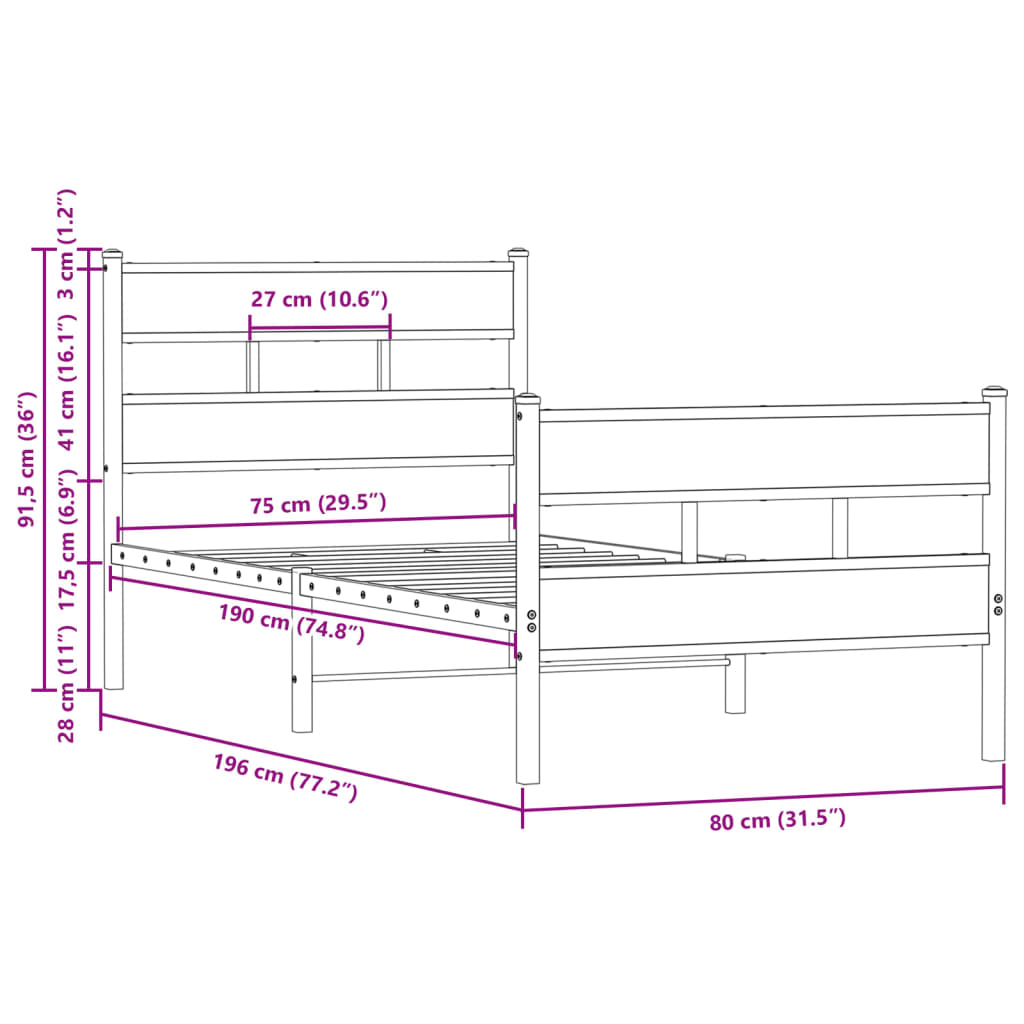 Bedframe met hoofdbord en voetbord zonder matras 75x190 cm is nu te koop bij PeponiXL, paradijselijk wonen!