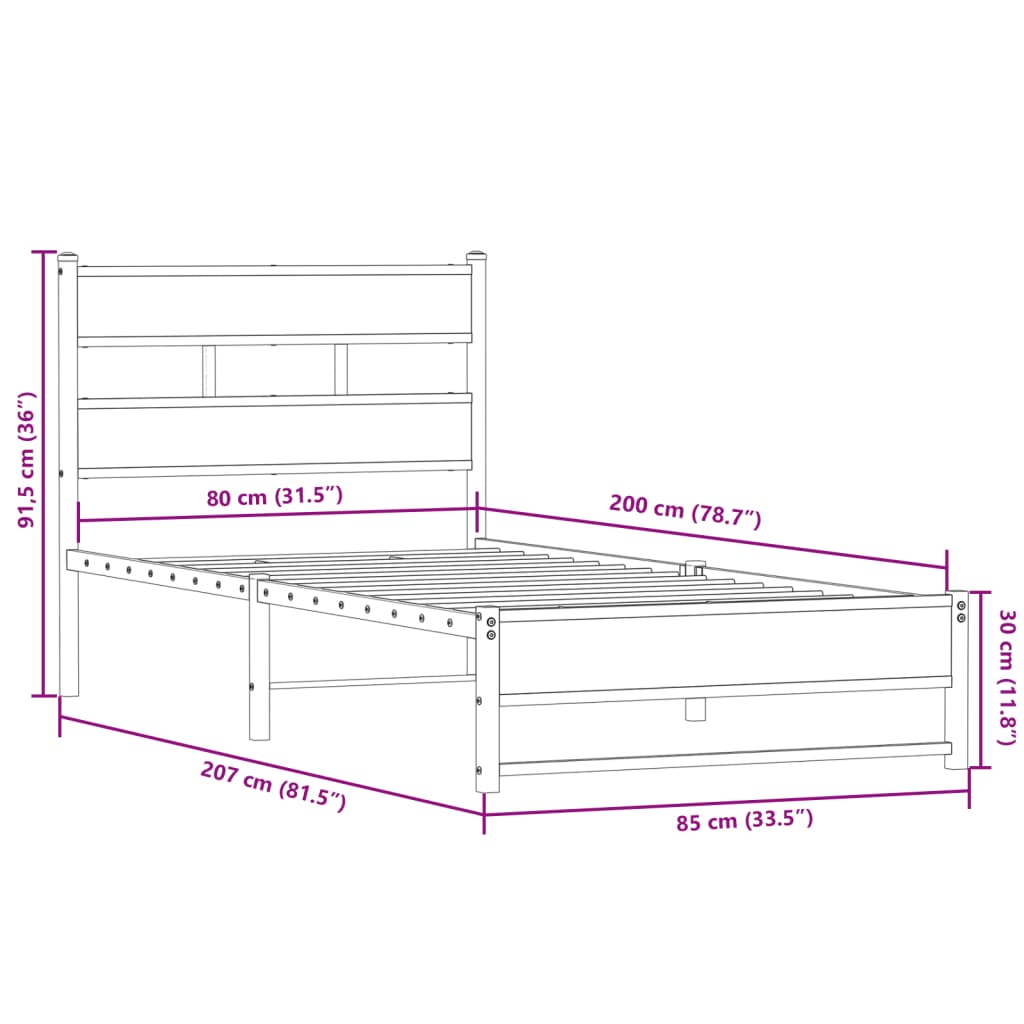 Bedframe zonder matras metaal gerookt eikenkleurig 80x200 cm is nu te koop bij PeponiXL, paradijselijk wonen!