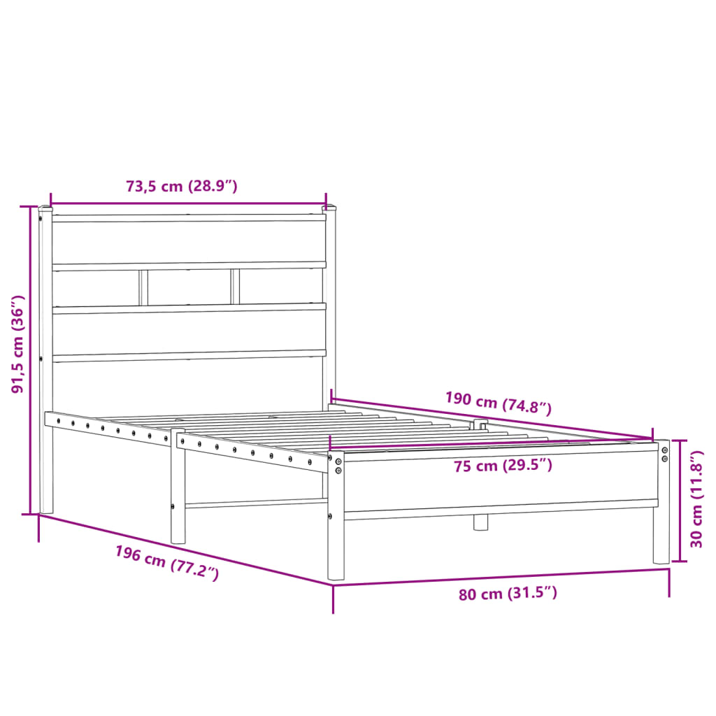Bedframe zonder matras hout sonoma eikenkleurig 75x190 cm is nu te koop bij PeponiXL, paradijselijk wonen!
