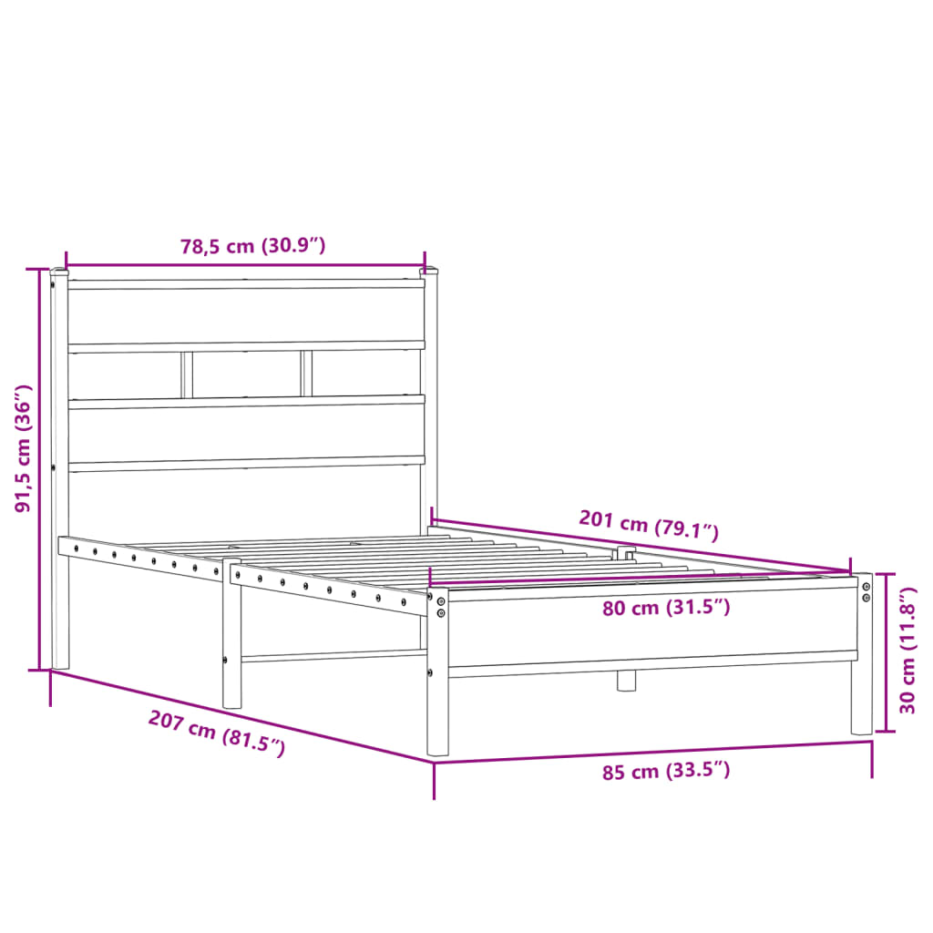 Bedframe zonder matras hout sonoma eikenkleurig 80x200 cm is nu te koop bij PeponiXL, paradijselijk wonen!