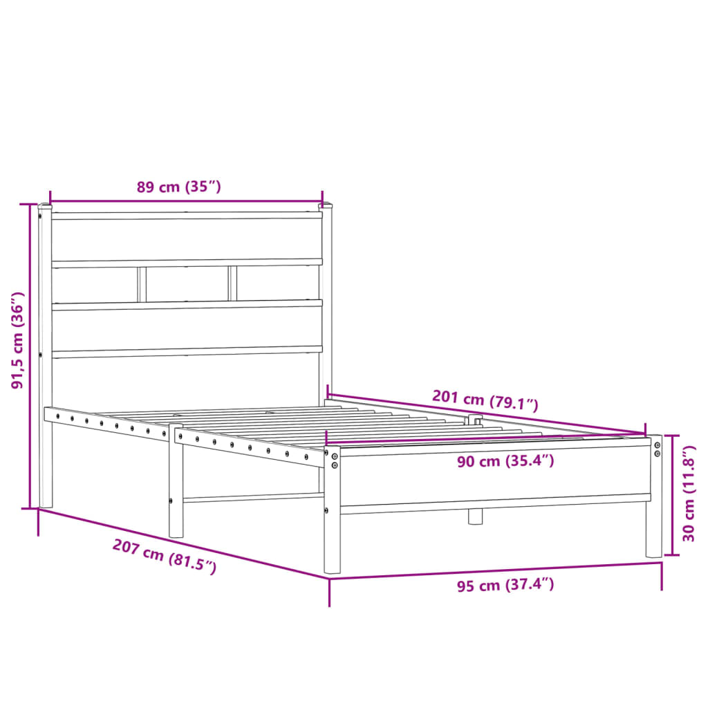 Bedframe zonder matras hout sonoma eikenkleurig 90x200 cm is nu te koop bij PeponiXL, paradijselijk wonen!