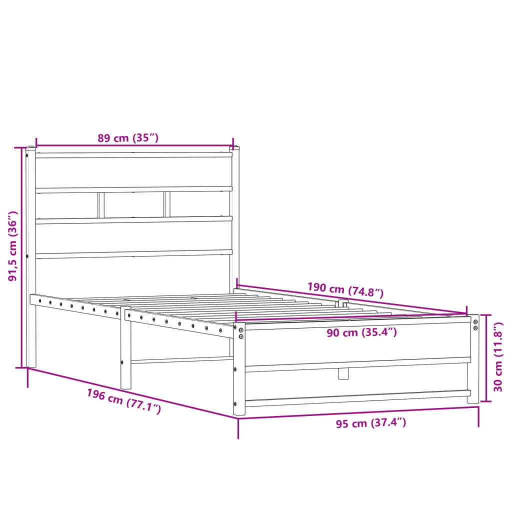 Bedframe zonder matras metaal sonoma eikenkleurig 90x190 cm is nu te koop bij PeponiXL, paradijselijk wonen!