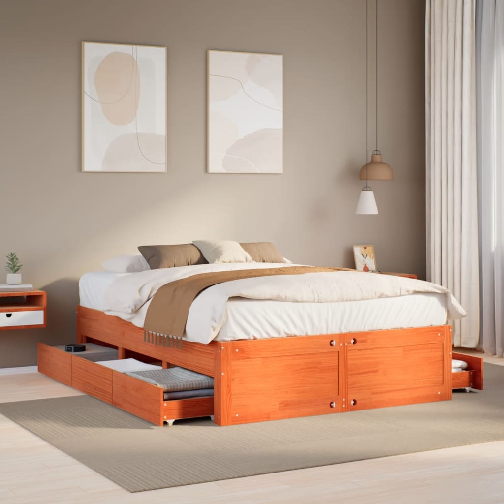Bedframe zonder matras met lades grenenhout wasbruin 140x190 cm is nu te koop bij PeponiXL, paradijselijk wonen!