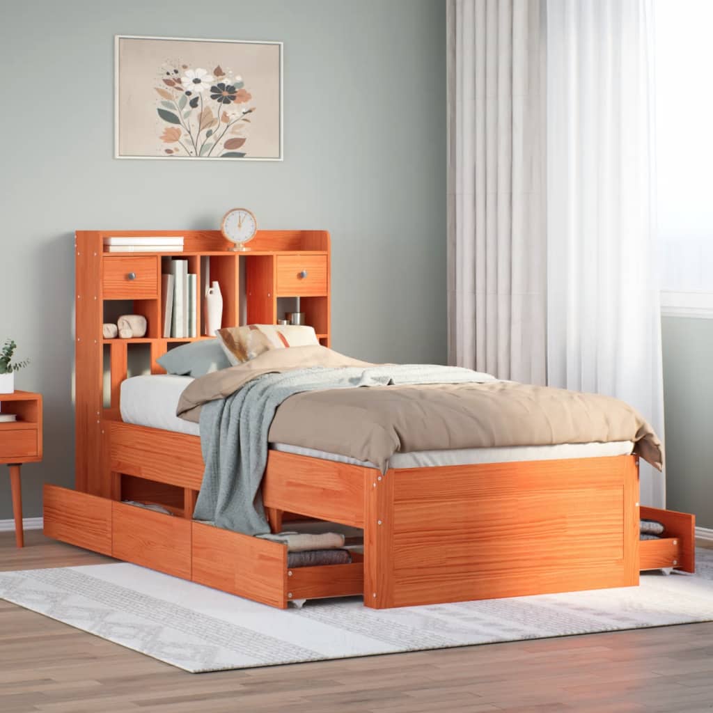 Bed met boekenkast zonder matras grenenhout wasbruin 75x190 cm is nu te koop bij PeponiXL, paradijselijk wonen!