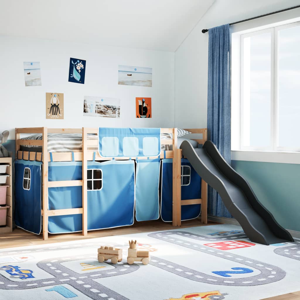 Kinderhoogslaper met gordijnen 80x200 cm grenenhout blauw is nu te koop bij PeponiXL, paradijselijk wonen!