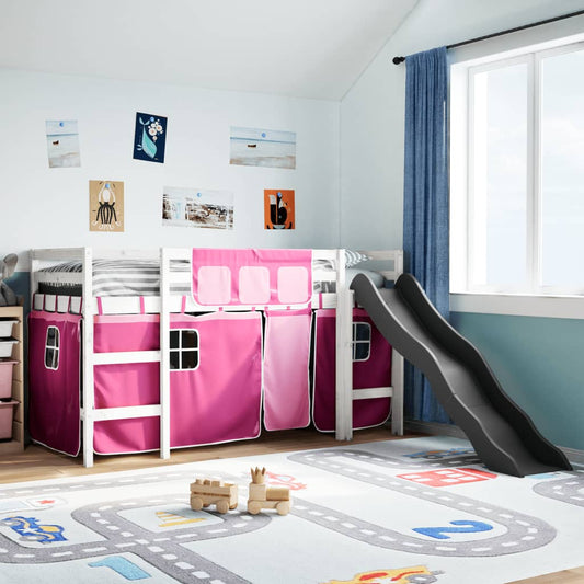 Kinderhoogslaper met gordijnen 80x200 cm grenenhout roze is nu te koop bij PeponiXL, paradijselijk wonen!