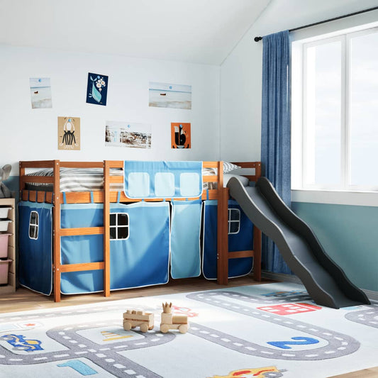 Kinderhoogslaper met gordijnen 80x200 cm grenenhout blauw is nu te koop bij PeponiXL, paradijselijk wonen!