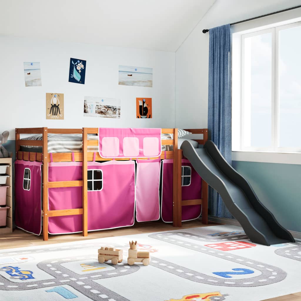 Kinderhoogslaper met gordijnen 80x200 cm grenenhout roze is nu te koop bij PeponiXL, paradijselijk wonen!