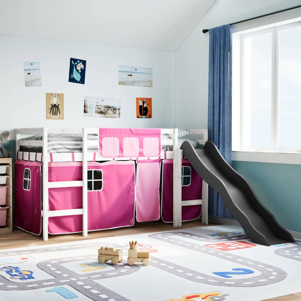 Kinderhoogslaper met gordijnen 90x190 cm grenenhout roze is nu te koop bij PeponiXL, paradijselijk wonen!