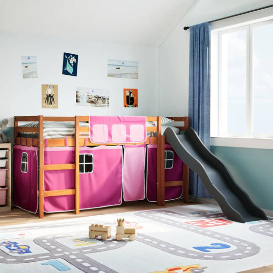 Kinderhoogslaper met gordijnen 90x190 cm grenenhout roze is nu te koop bij PeponiXL, paradijselijk wonen!