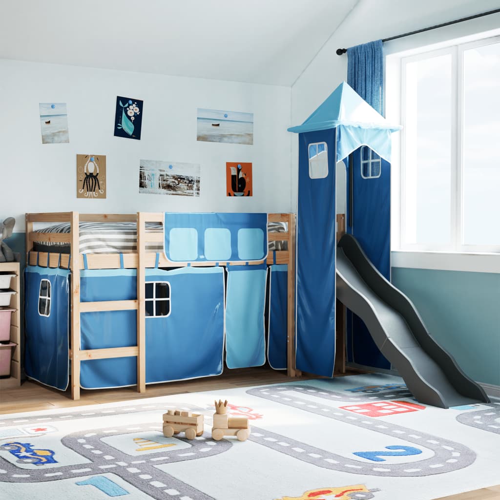 Kinderhoogslaper met toren 80x200 cm massief grenenhout blauw is nu te koop bij PeponiXL, paradijselijk wonen!