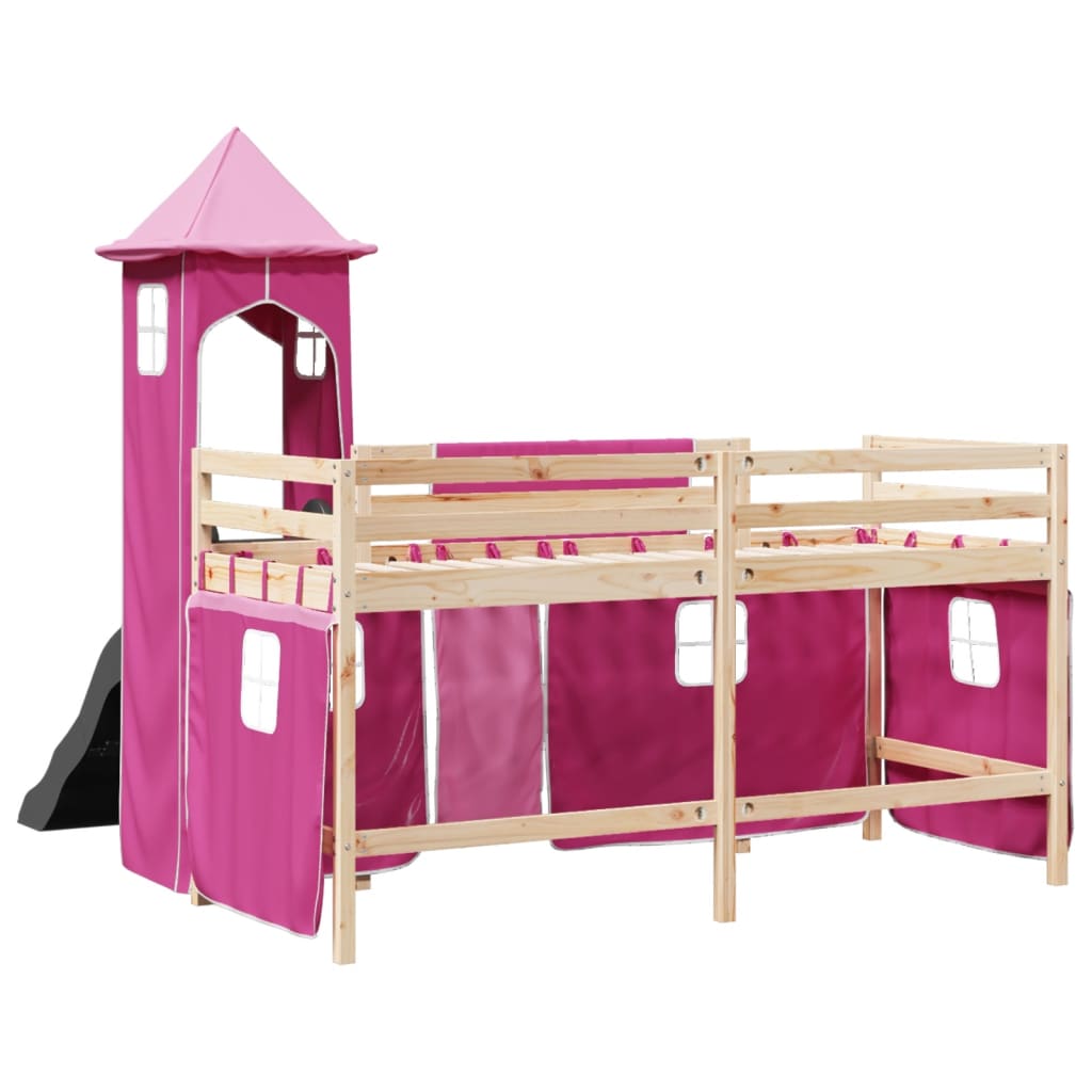 Kinderhoogslaper met toren 80x200 cm massief grenenhout roze is nu te koop bij PeponiXL, paradijselijk wonen!