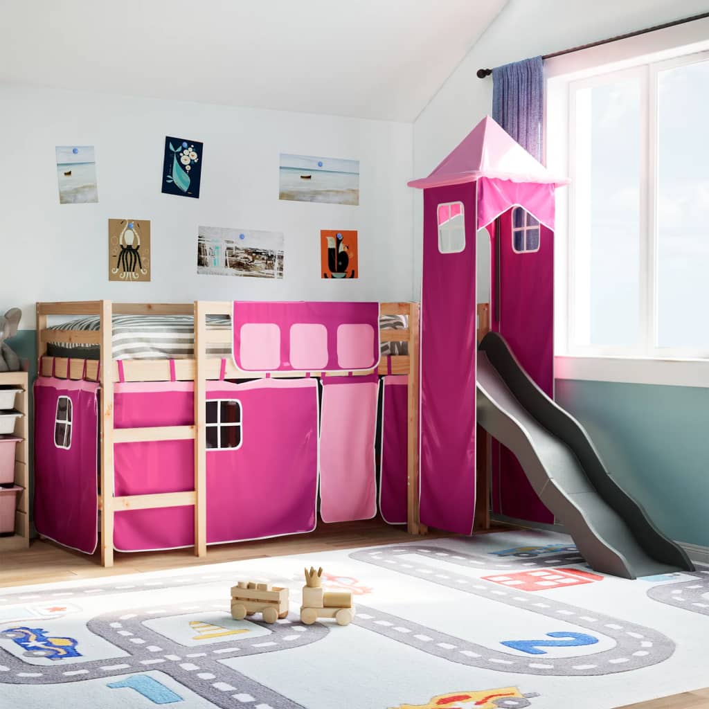 Kinderhoogslaper met toren 80x200 cm massief grenenhout roze is nu te koop bij PeponiXL, paradijselijk wonen!