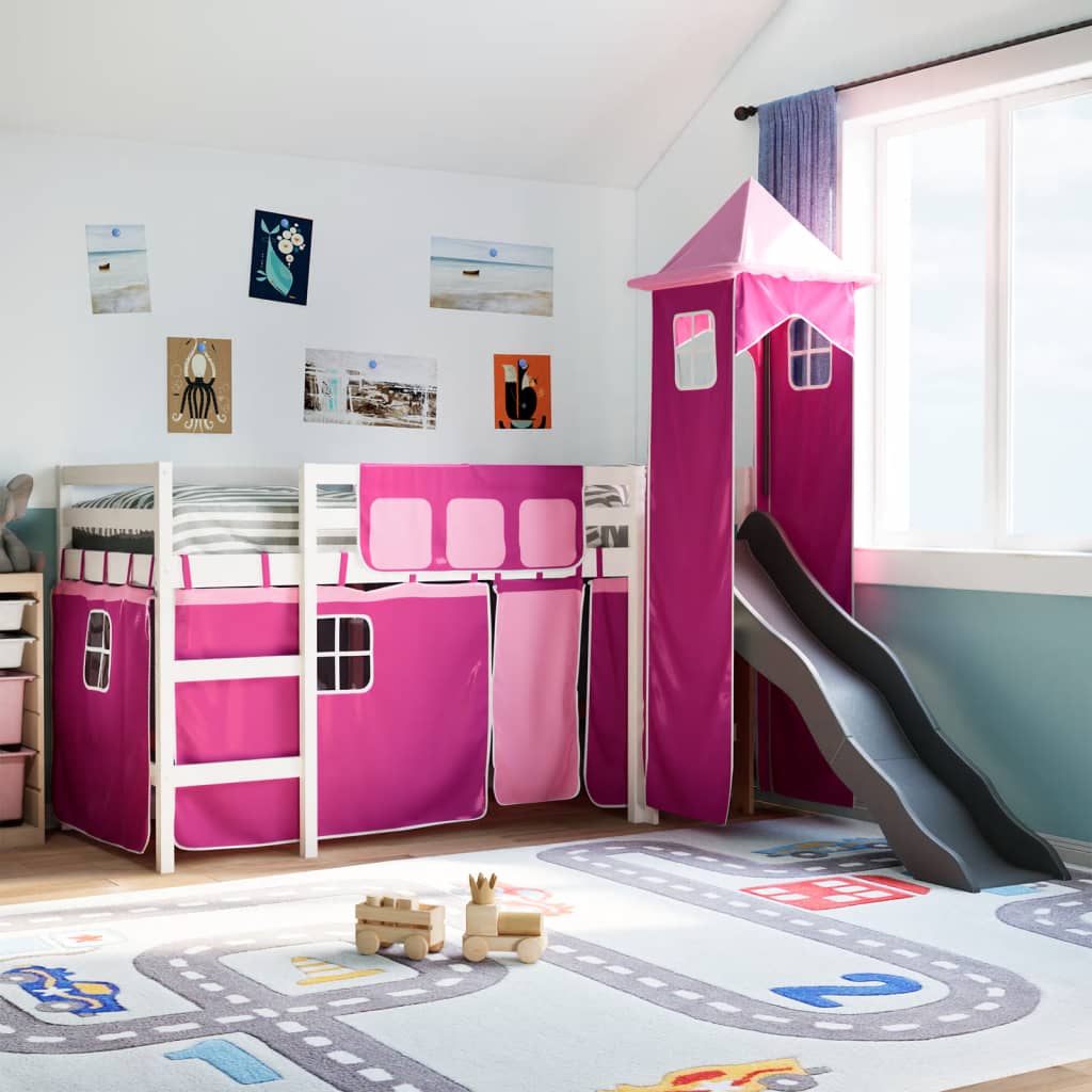 Kinderhoogslaper met toren 80x200 cm massief grenenhout roze is nu te koop bij PeponiXL, paradijselijk wonen!