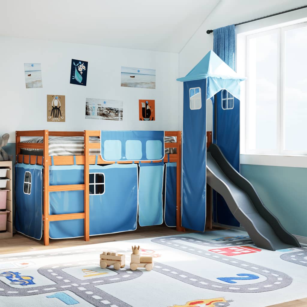 Kinderhoogslaper met toren 80x200 cm massief grenenhout blauw is nu te koop bij PeponiXL, paradijselijk wonen!