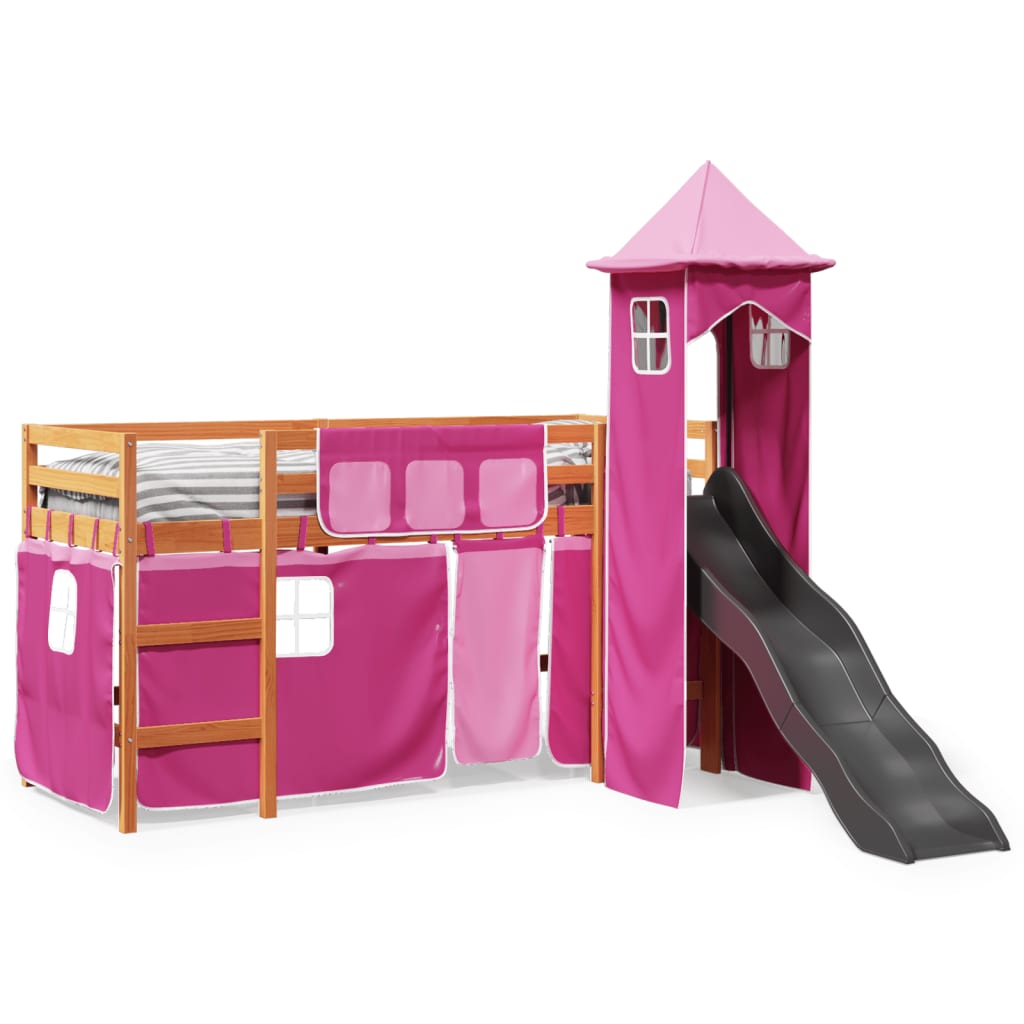 Kinderhoogslaper met toren 80x200 cm massief grenenhout roze is nu te koop bij PeponiXL, paradijselijk wonen!