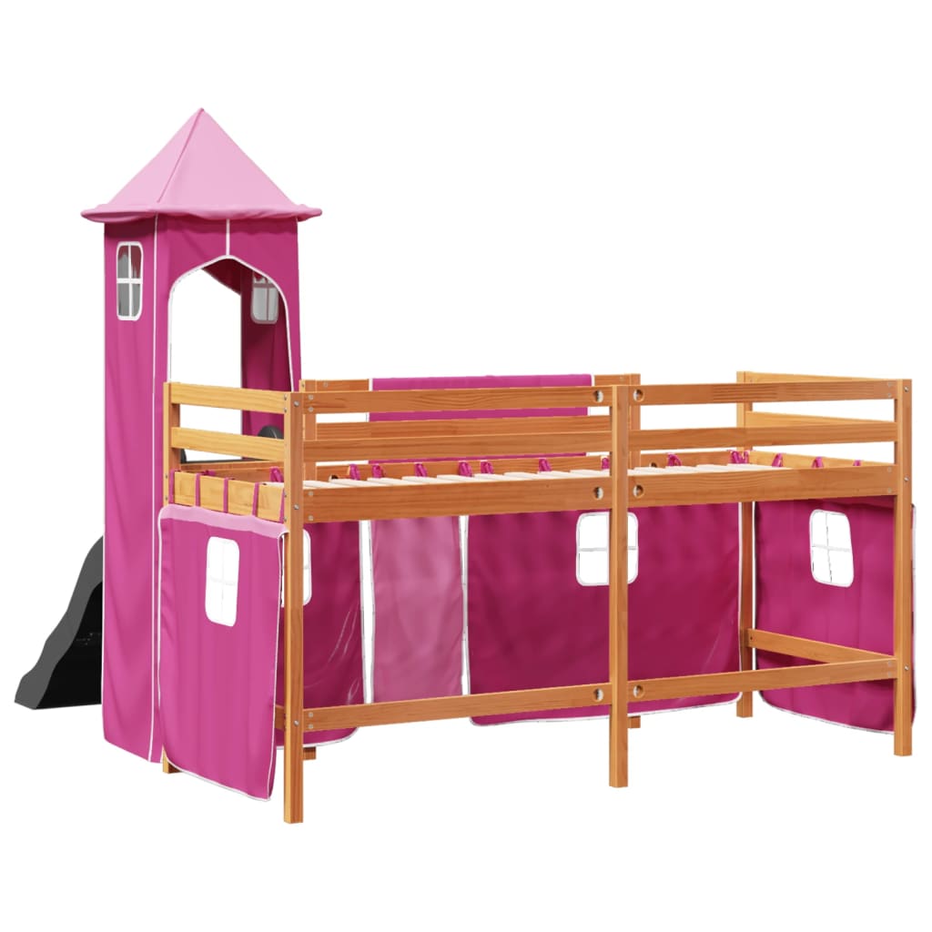 Kinderhoogslaper met toren 80x200 cm massief grenenhout roze is nu te koop bij PeponiXL, paradijselijk wonen!