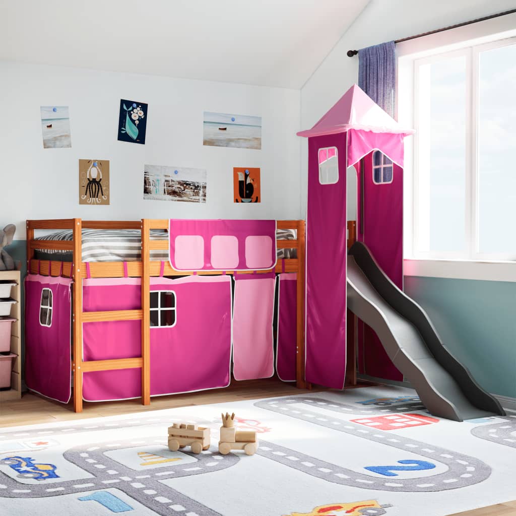 Kinderhoogslaper met toren 80x200 cm massief grenenhout roze is nu te koop bij PeponiXL, paradijselijk wonen!