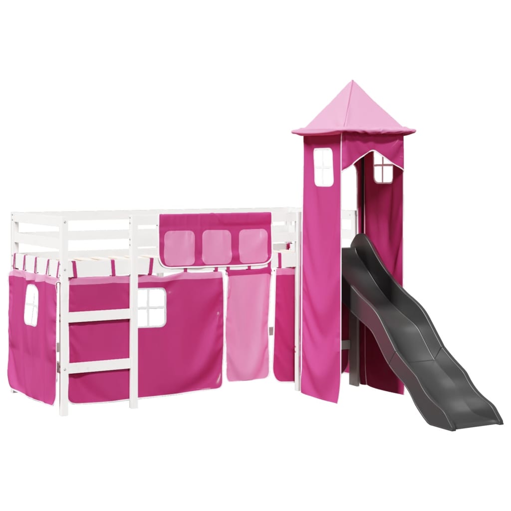 Kinderhoogslaper met toren 90x200 cm massief grenenhout roze is nu te koop bij PeponiXL, paradijselijk wonen!