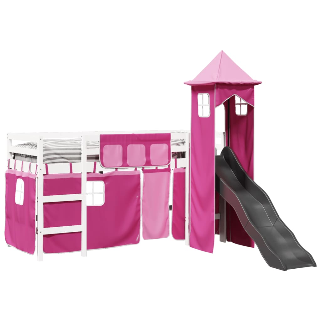 Kinderhoogslaper met toren 90x200 cm massief grenenhout roze is nu te koop bij PeponiXL, paradijselijk wonen!