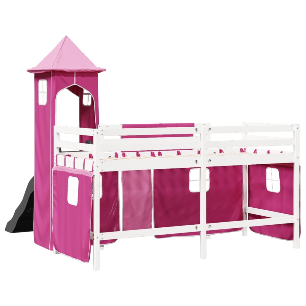 Kinderhoogslaper met toren 90x200 cm massief grenenhout roze is nu te koop bij PeponiXL, paradijselijk wonen!