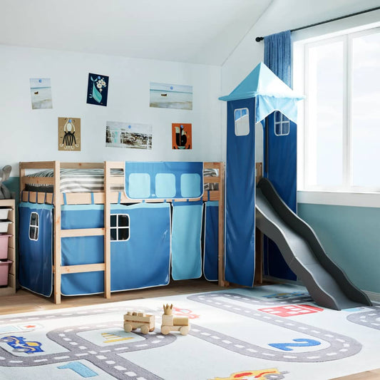 Kinderhoogslaper met toren 90x190 cm massief grenenhout blauw is nu te koop bij PeponiXL, paradijselijk wonen!