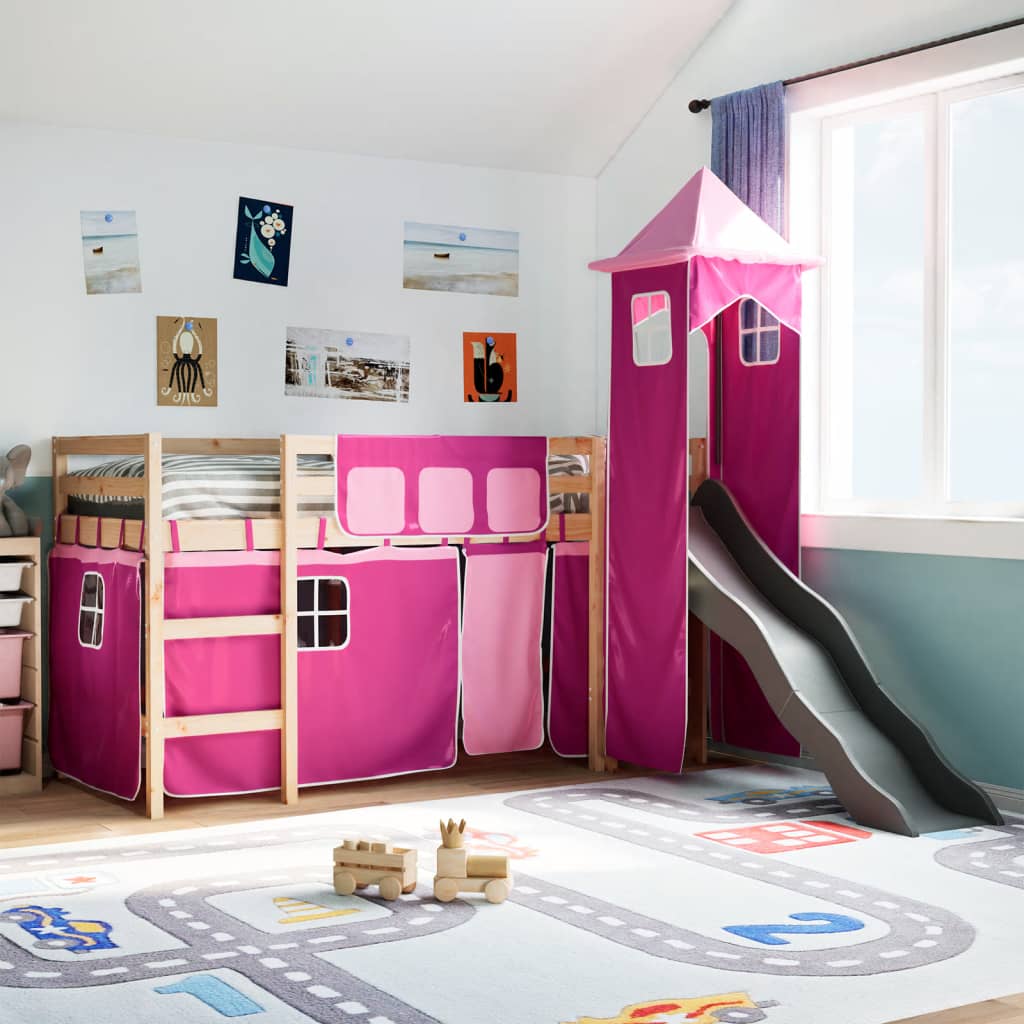 Kinderhoogslaper met toren 90x190 cm massief grenenhout roze is nu te koop bij PeponiXL, paradijselijk wonen!