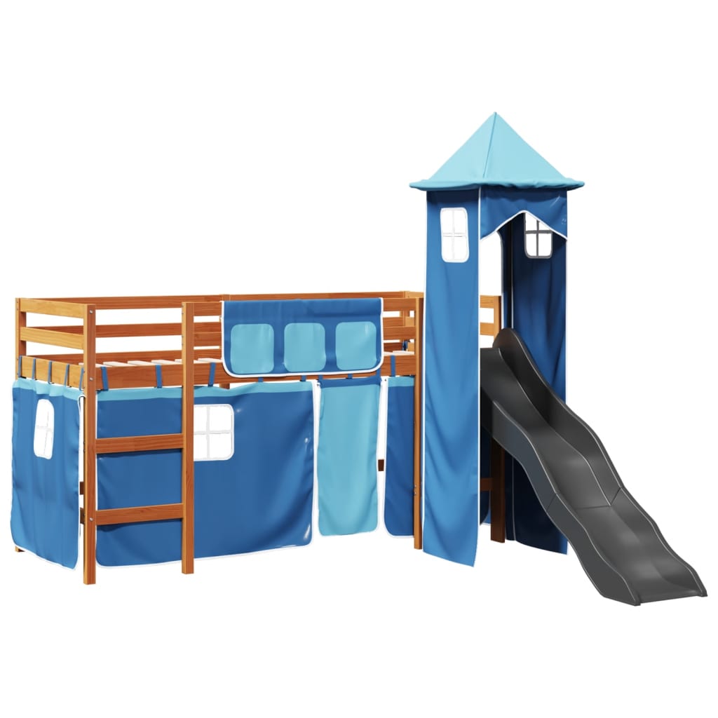 Kinderhoogslaper met toren 90x190 cm massief grenenhout blauw is nu te koop bij PeponiXL, paradijselijk wonen!