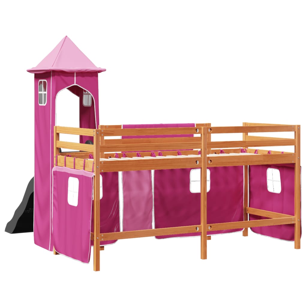 Kinderhoogslaper met toren 90x190 cm massief grenenhout roze is nu te koop bij PeponiXL, paradijselijk wonen!