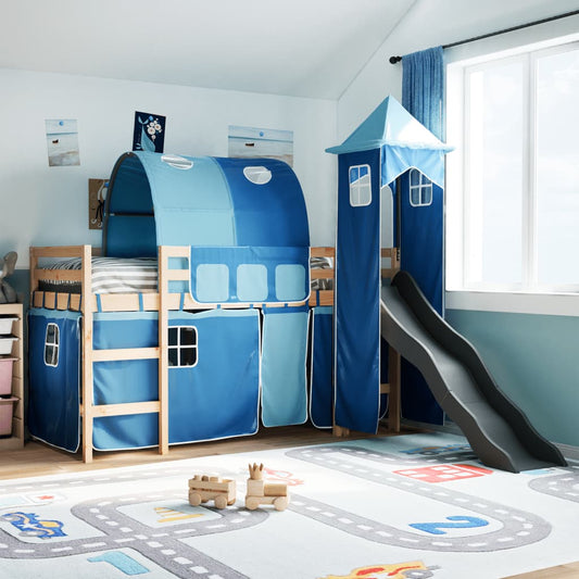 Kinderhoogslaper met toren 80x200 cm massief grenenhout blauw is nu te koop bij PeponiXL, paradijselijk wonen!