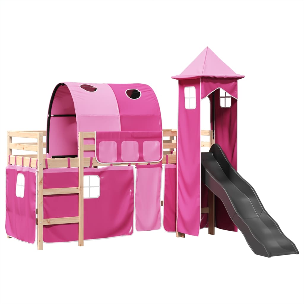 Kinderhoogslaper met toren 80x200 cm massief grenenhout roze is nu te koop bij PeponiXL, paradijselijk wonen!