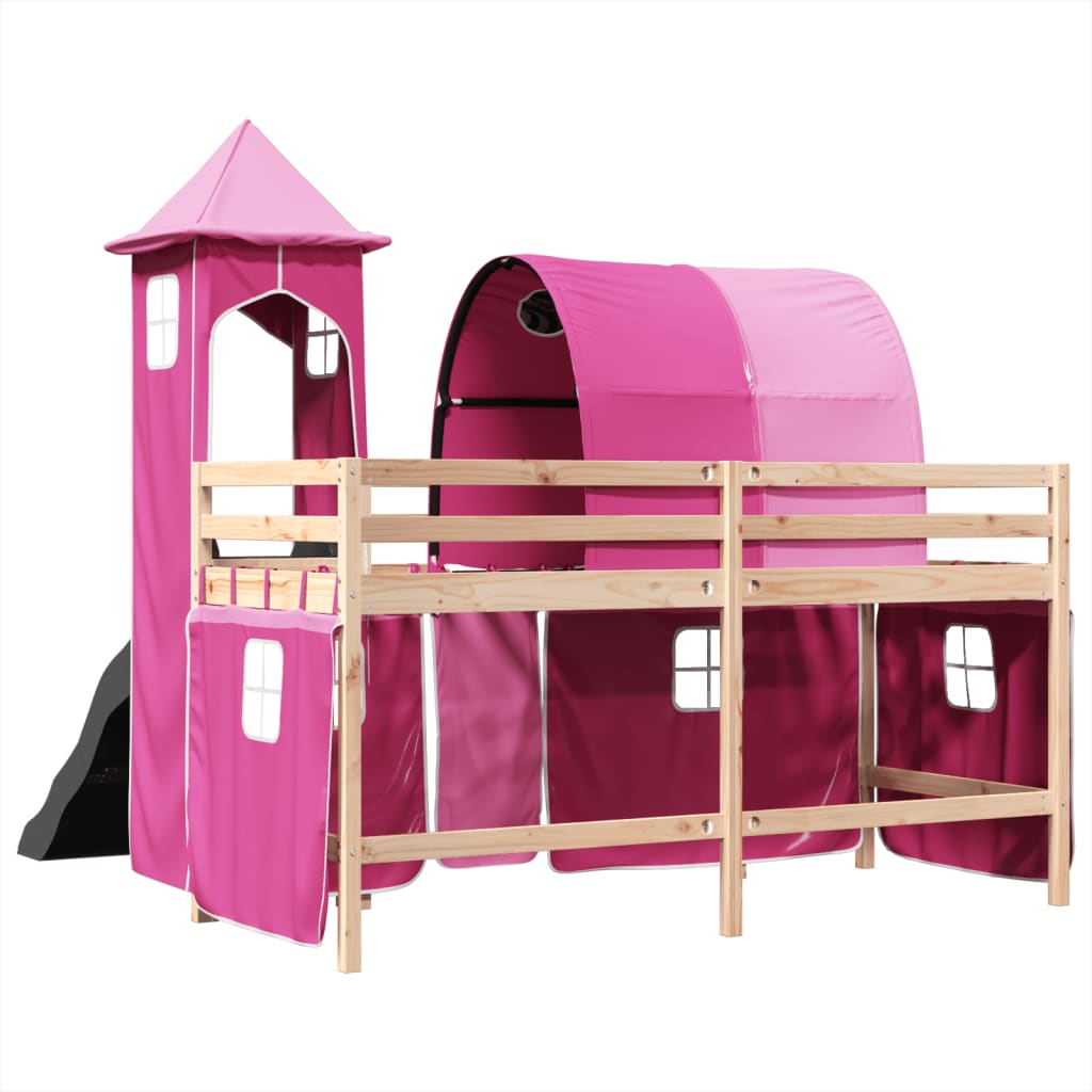 Kinderhoogslaper met toren 80x200 cm massief grenenhout roze is nu te koop bij PeponiXL, paradijselijk wonen!