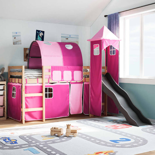 Kinderhoogslaper met toren 80x200 cm massief grenenhout roze is nu te koop bij PeponiXL, paradijselijk wonen!