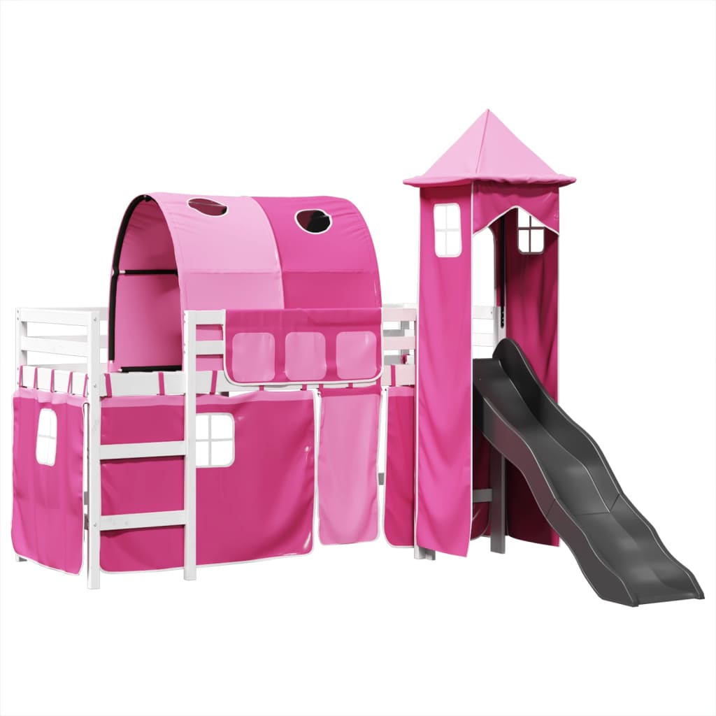 Kinderhoogslaper met toren 80x200 cm massief grenenhout roze is nu te koop bij PeponiXL, paradijselijk wonen!