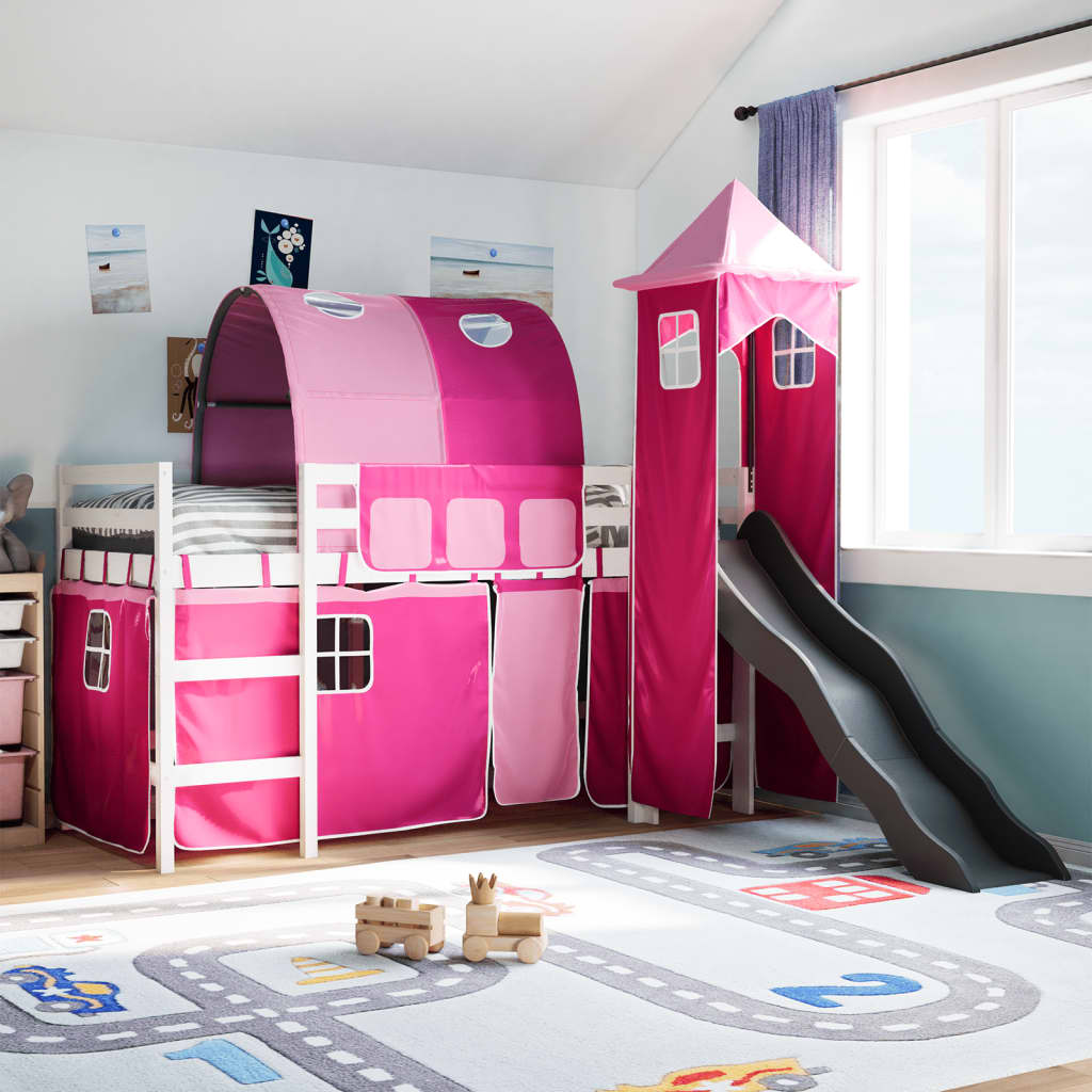 Kinderhoogslaper met toren 80x200 cm massief grenenhout roze is nu te koop bij PeponiXL, paradijselijk wonen!