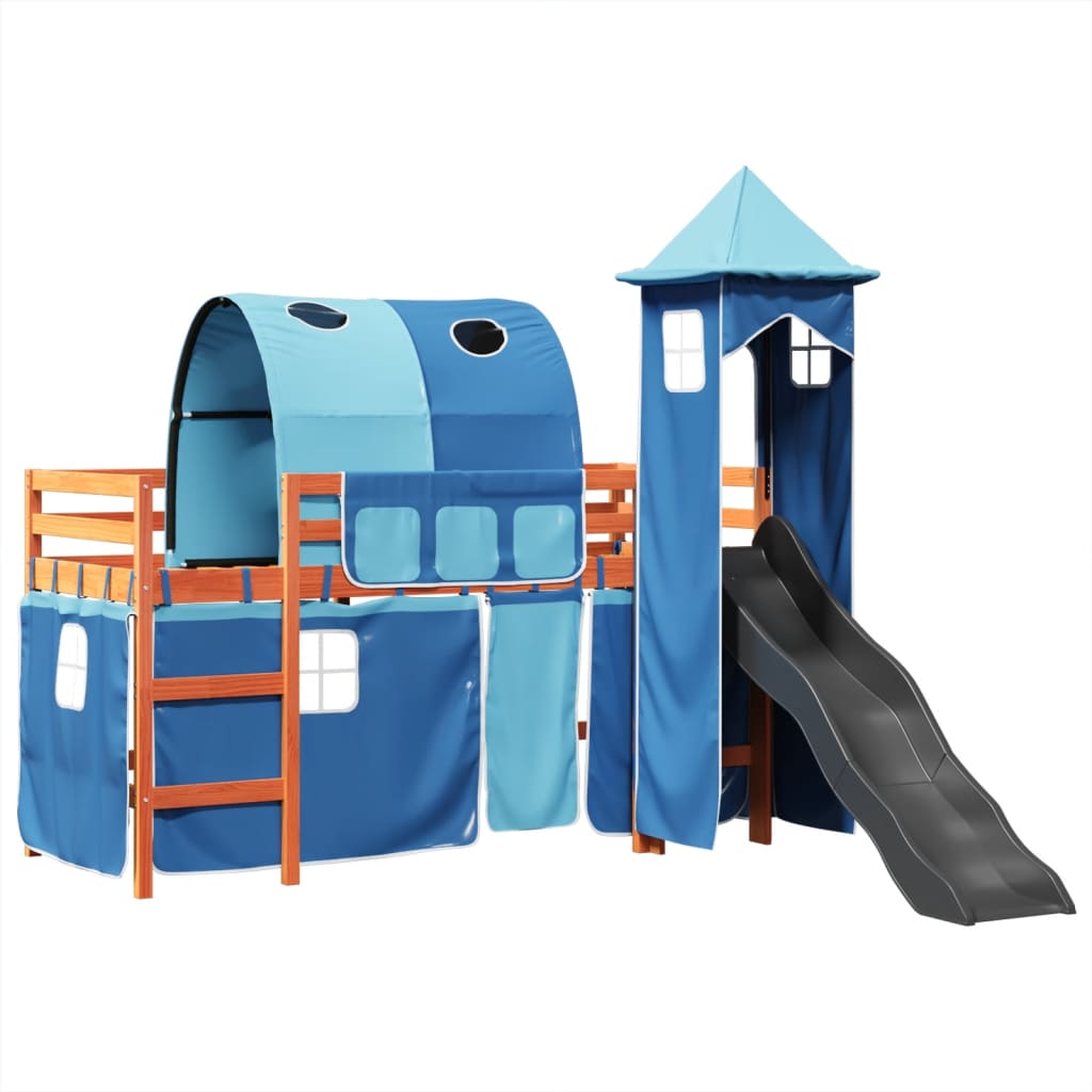 Kinderhoogslaper met toren 80x200 cm massief grenenhout blauw is nu te koop bij PeponiXL, paradijselijk wonen!