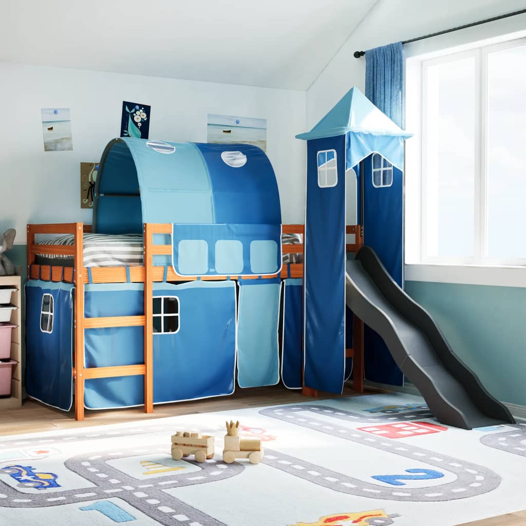 Kinderhoogslaper met toren 80x200 cm massief grenenhout blauw is nu te koop bij PeponiXL, paradijselijk wonen!