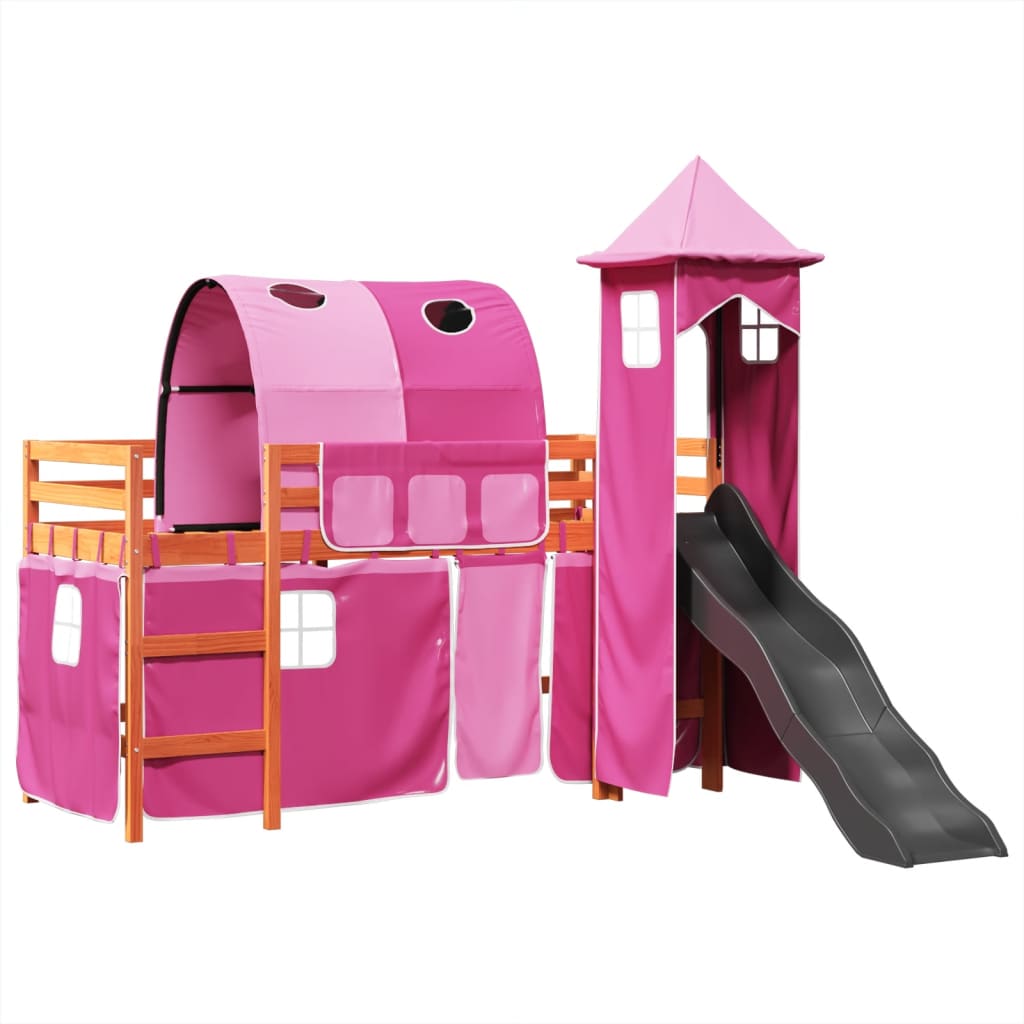 Kinderhoogslaper met toren 80x200 cm massief grenenhout roze is nu te koop bij PeponiXL, paradijselijk wonen!