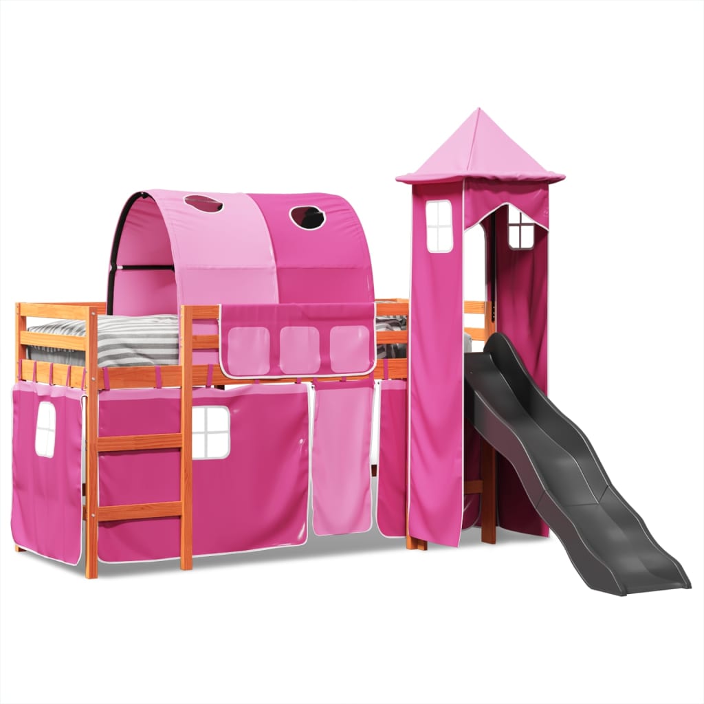 Kinderhoogslaper met toren 80x200 cm massief grenenhout roze is nu te koop bij PeponiXL, paradijselijk wonen!