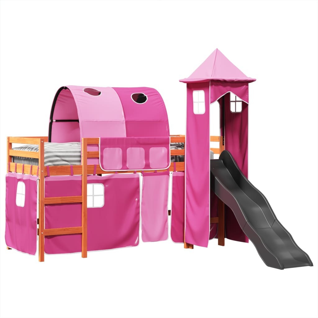 Kinderhoogslaper met toren 80x200 cm massief grenenhout roze is nu te koop bij PeponiXL, paradijselijk wonen!