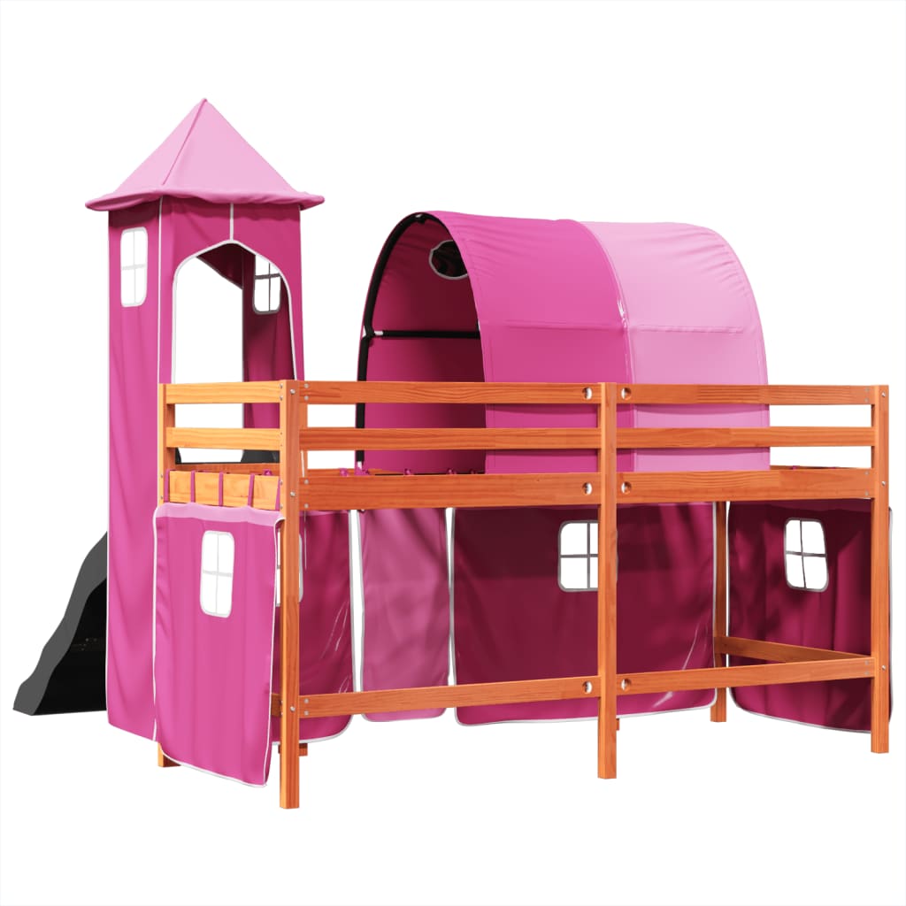 Kinderhoogslaper met toren 80x200 cm massief grenenhout roze is nu te koop bij PeponiXL, paradijselijk wonen!