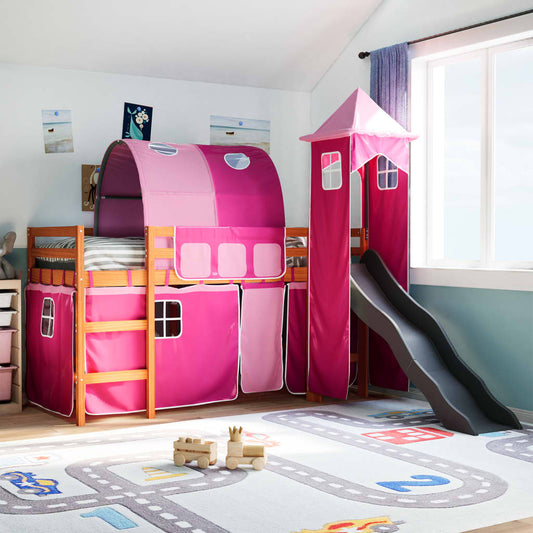 Kinderhoogslaper met toren 80x200 cm massief grenenhout roze is nu te koop bij PeponiXL, paradijselijk wonen!