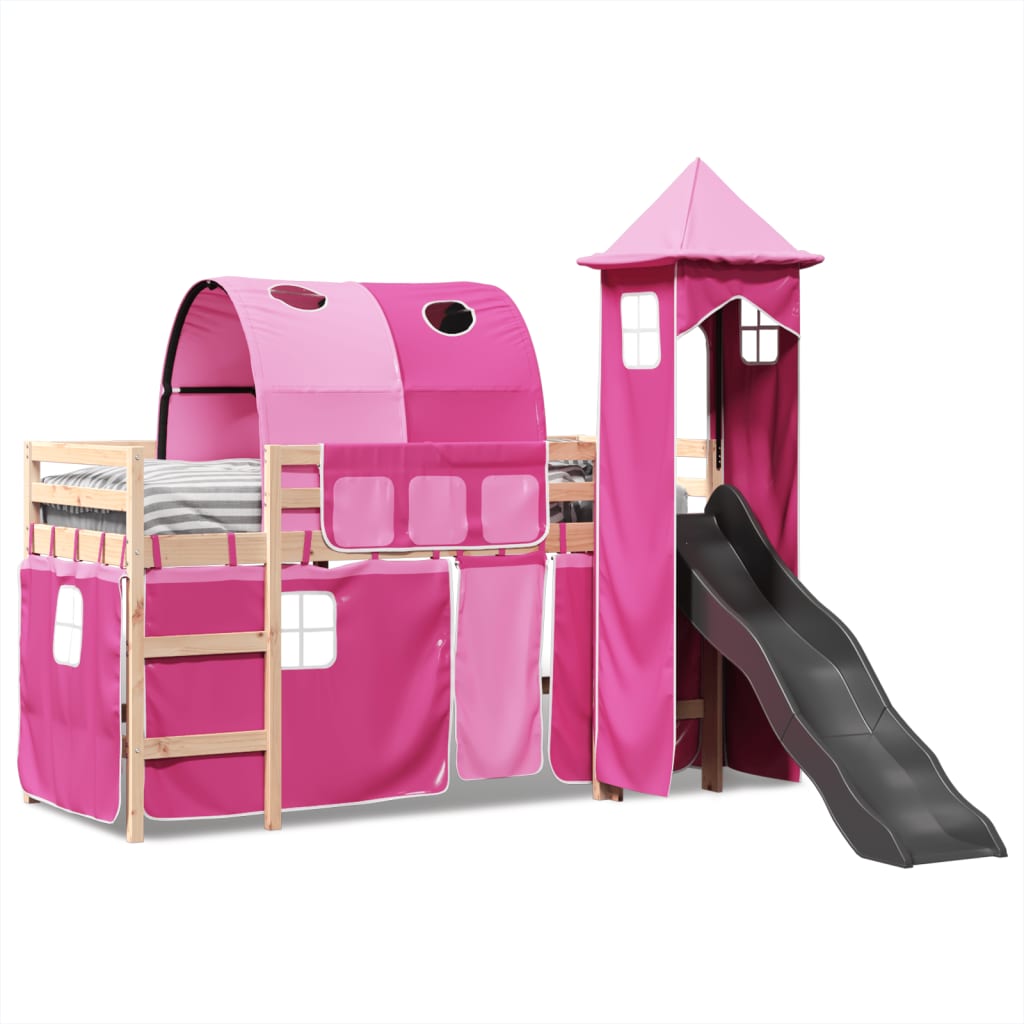 Kinderhoogslaper met toren 90x200 cm massief grenenhout roze is nu te koop bij PeponiXL, paradijselijk wonen!