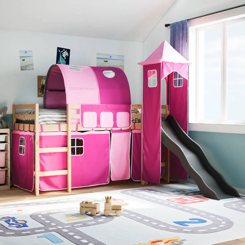 Kinderhoogslaper met toren 90x200 cm massief grenenhout roze is nu te koop bij PeponiXL, paradijselijk wonen!